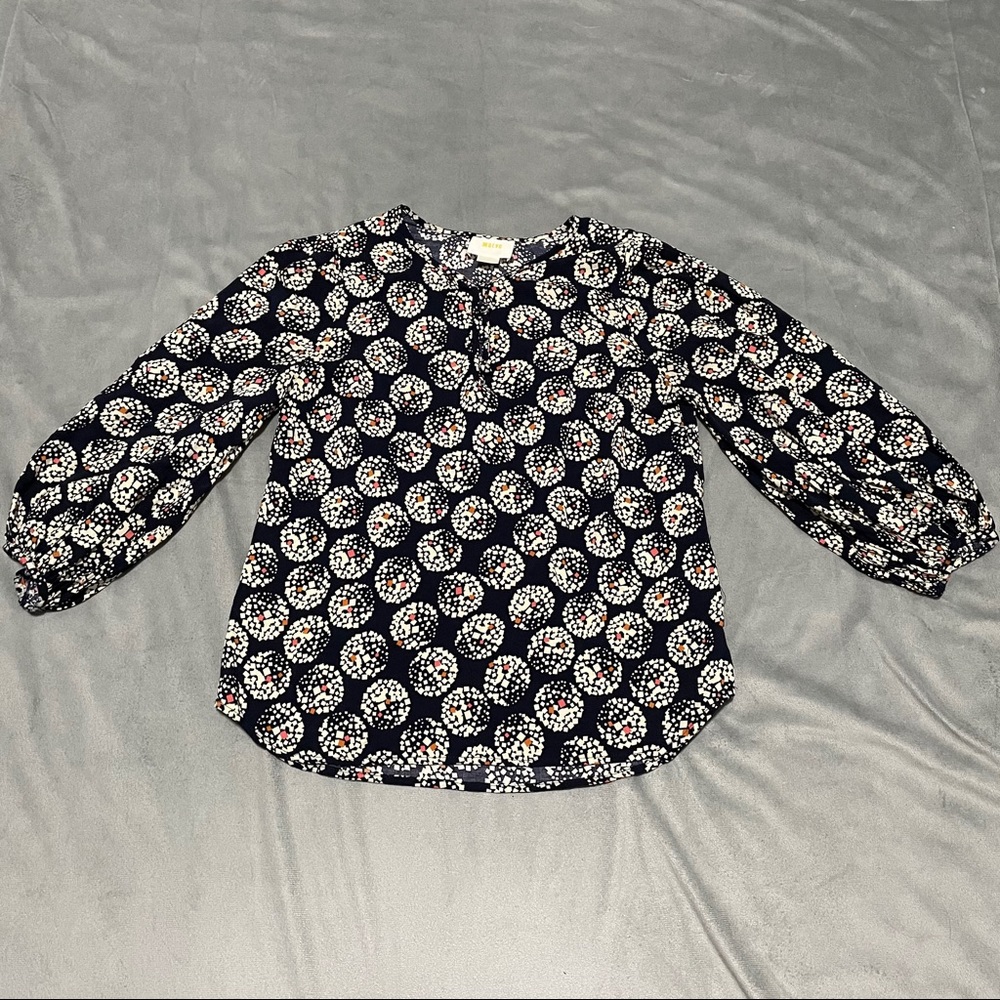 Anthropologie Maeve Navy Cream Circle Confetti Top EUC 2
